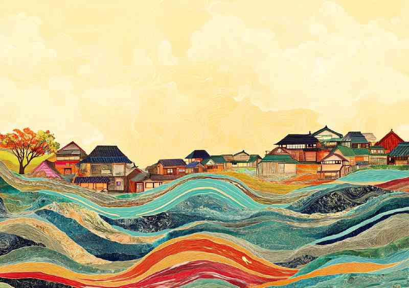 Art piece depicting an abstract town and sea