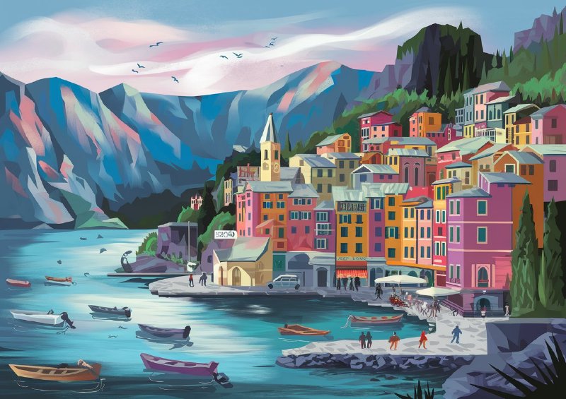 Coastal town nestled between towering mountans