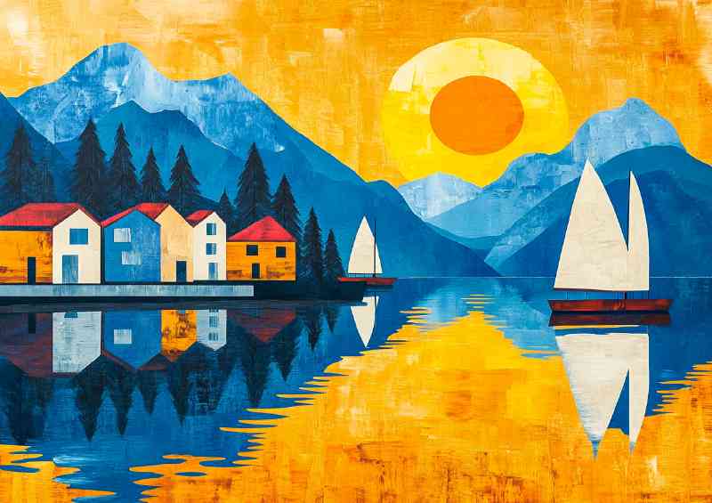 Sailboats on the lake a small town