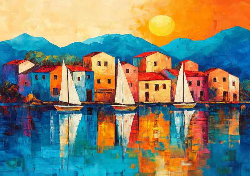 Sailboats on the lake a small town in front of blue mountains