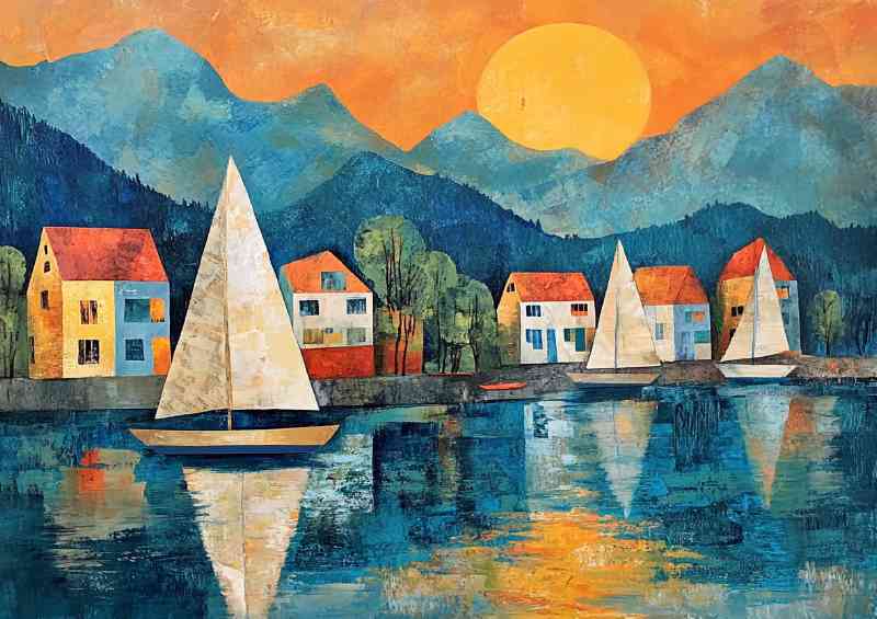 Sailboats on the lake a small town in front of the local village