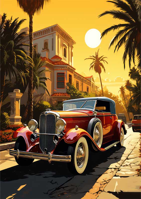Red Vintage Parked Car In front Of Towering Palm Tree