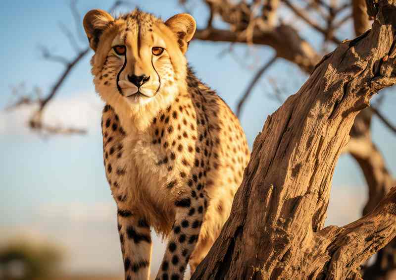 Cheetah kenya standing on a tree branch