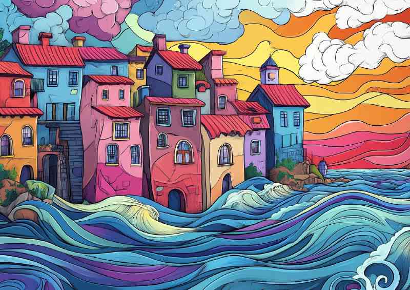 Village by the sea with crashing waves and water flow lines