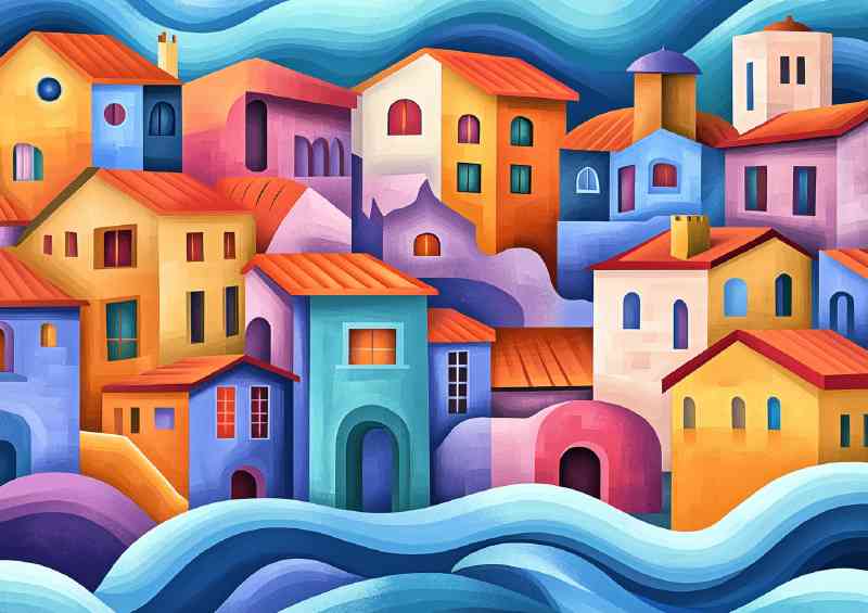 Village by the sea with waves and water flow lines bright vivid colours