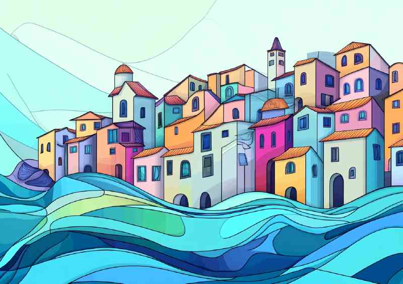 Village by the sea with waves and water waves