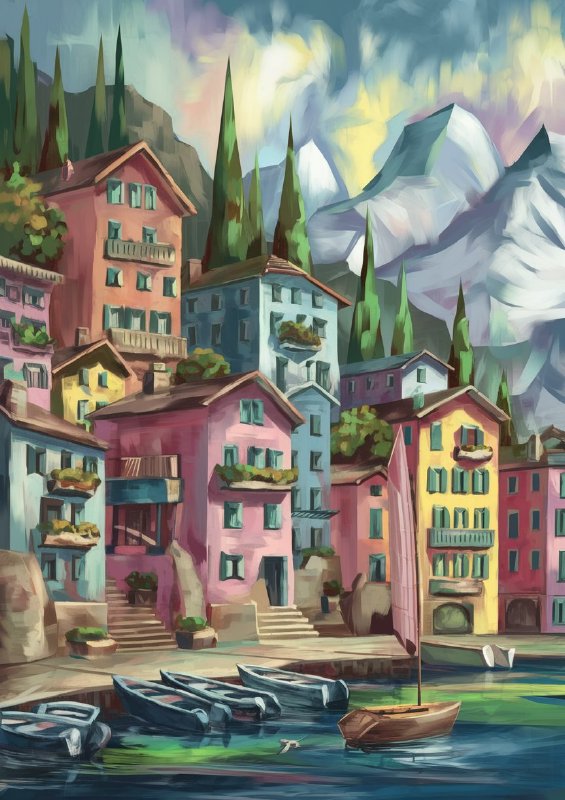 Coastal town nestled between lush green hils