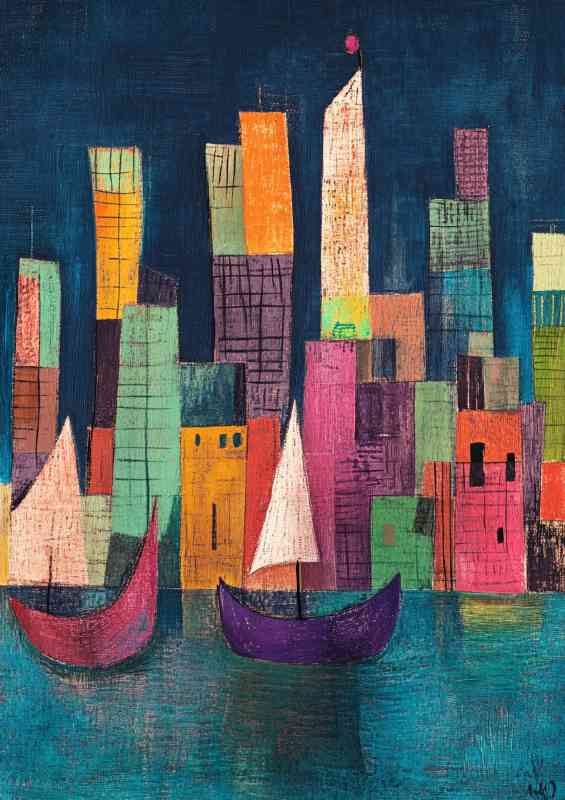 Colorful abstract modern sailing boats in the city