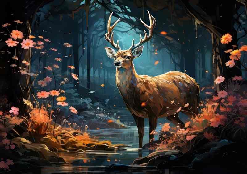 Deer in the dark forest in a painted style