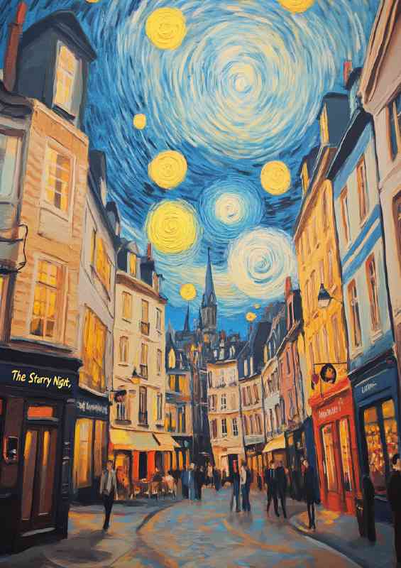 Oil painting old market town starry nights