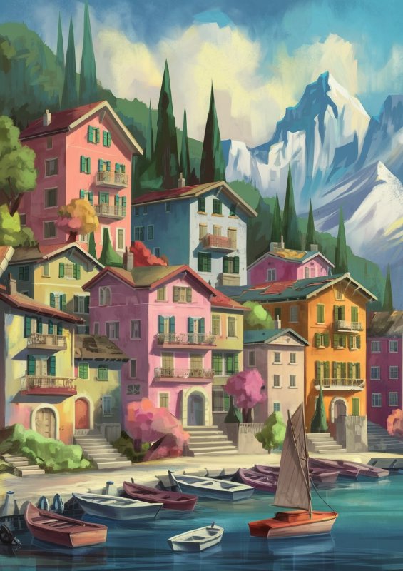 Picturesque coastal town nestled between lush green mountains