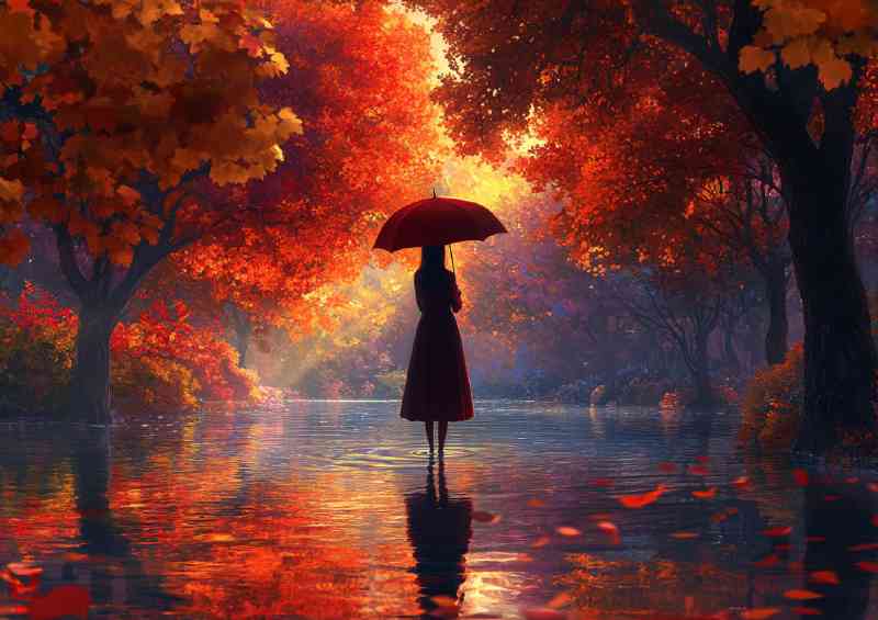 A beautiful woman standing in the middle of a Shallow river