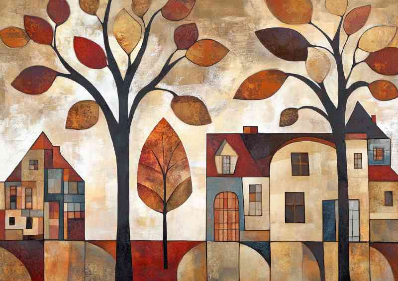 An abstract cubist painting depicting trees and house