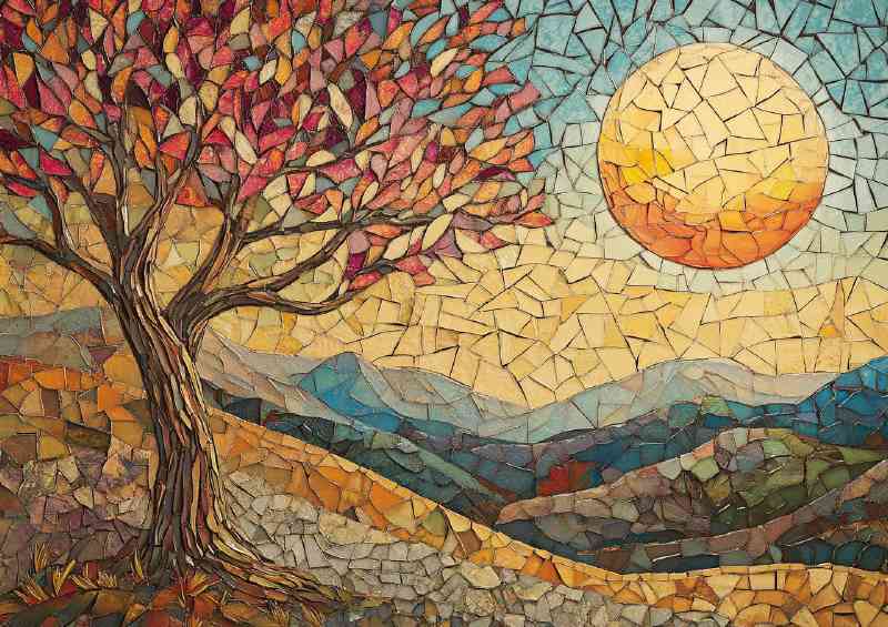 Beautiful painting of the moon and sun in an autumn mosaic