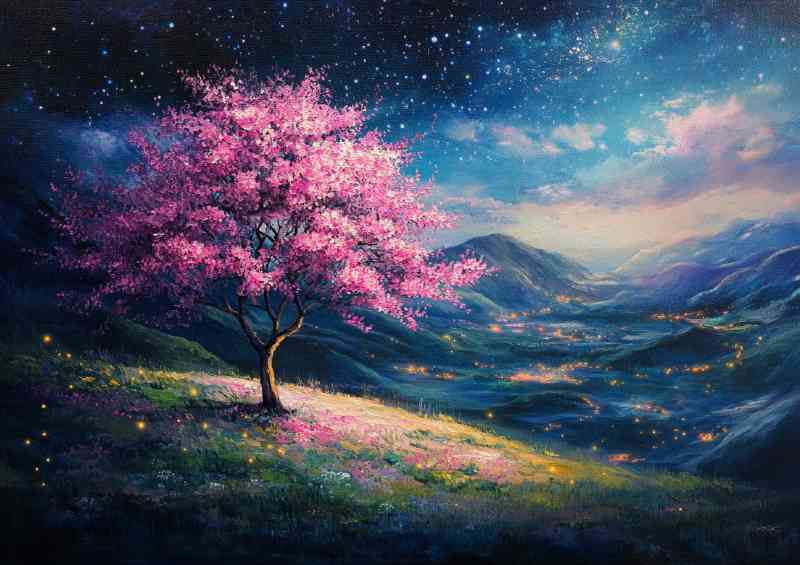 Beautiful tree with pink flowers surrounded by hills