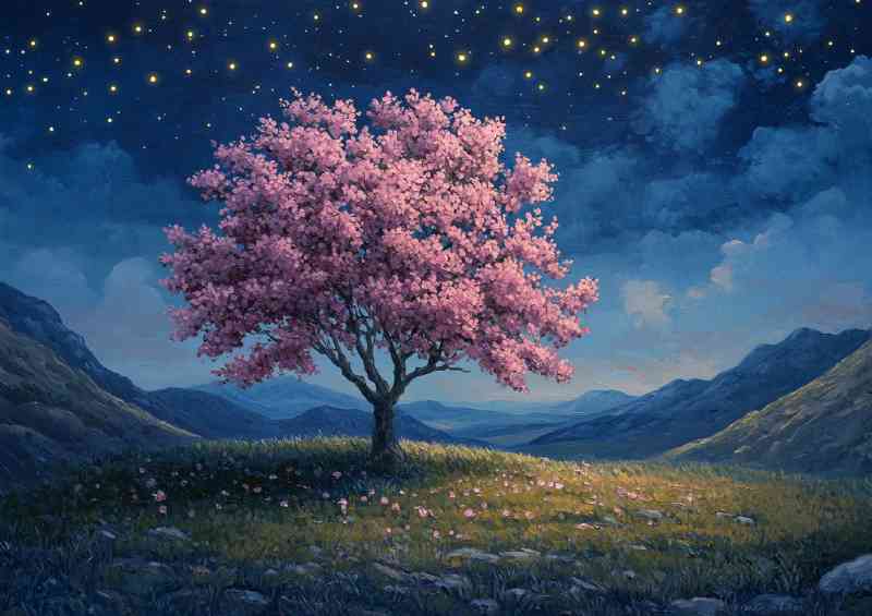 Beautiful tree with pink flowers surrounded by stars