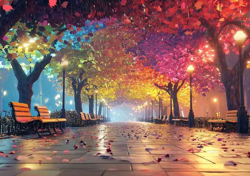 Colorful street with trees and leaves faling