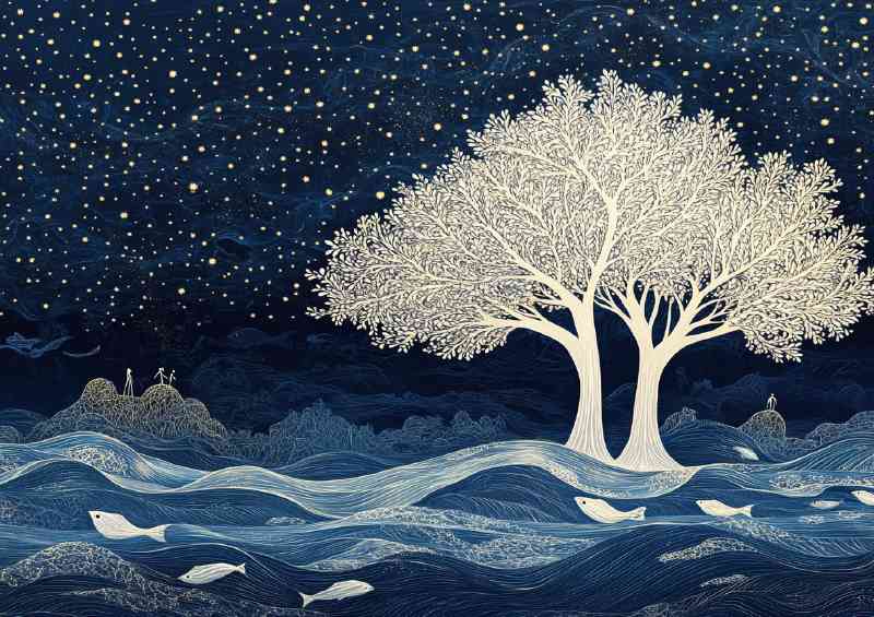Detailed illustration of two trees with white lace