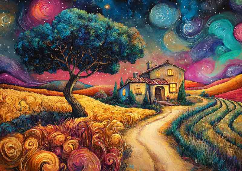 Detailed painting of an old house in the countryside swirls
