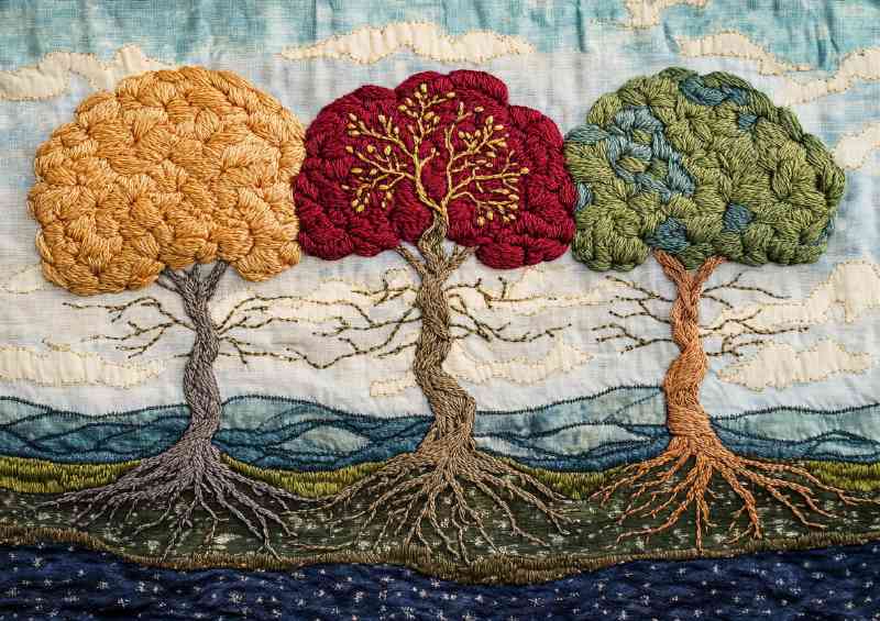 Embroidered tapestry depicting three trees
