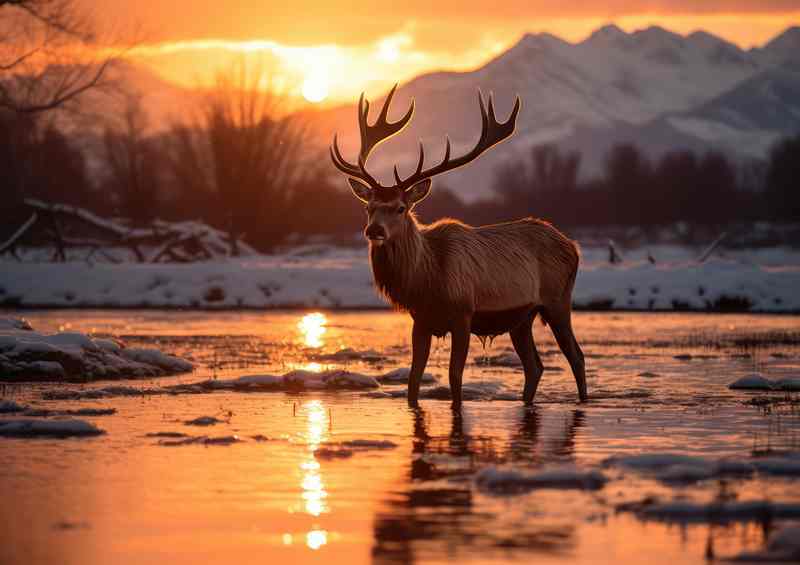 Elk in the snow at sunset