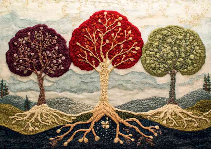 Embroidered tapestry depicting three trees with roots