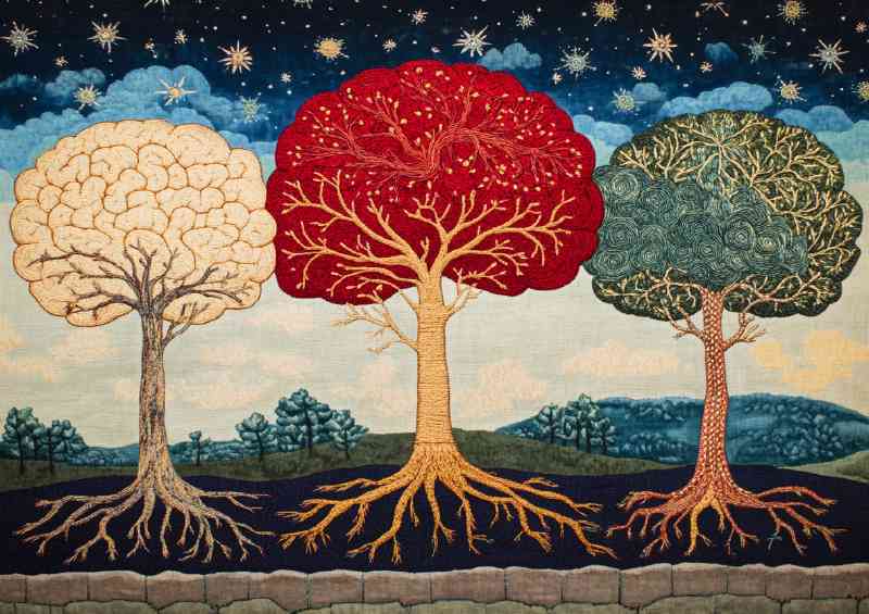 Embroidered tapestry depicting three trees with roots and colours