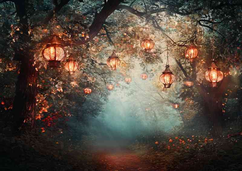 Fantasy forest with trees hanging lanterns magical