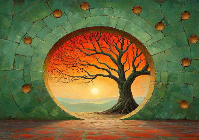 In the center of an ancient circular room tree