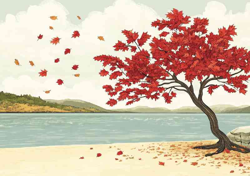 In the style of Jon Klassen an autumn maple tree