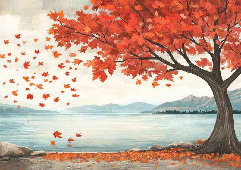 In the style of Jon Klassen an autumn maple tree with falling leaves