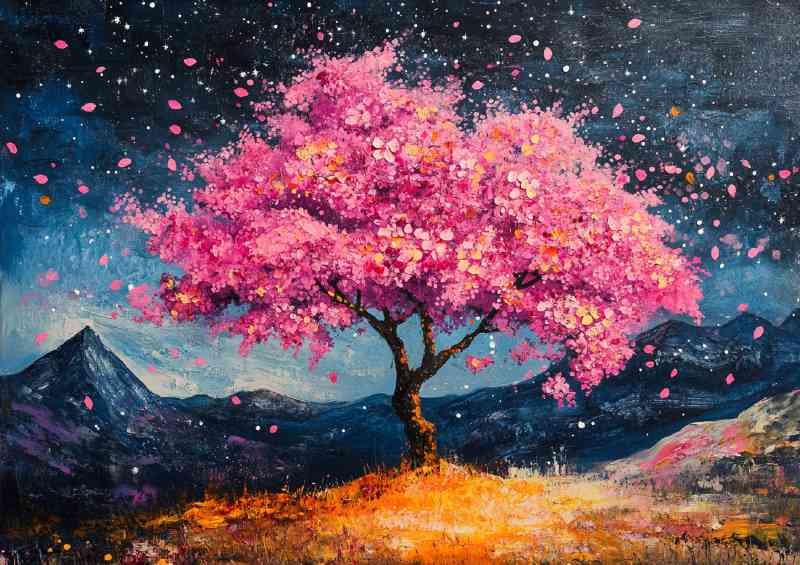 Pink tree full of flowers with a night sky with hils