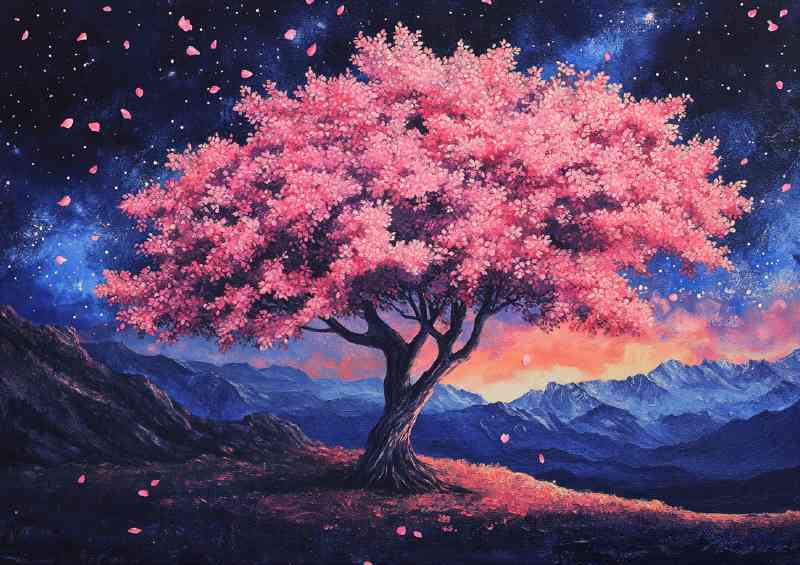 Pink tree full of flowers with a night sky falling blossom