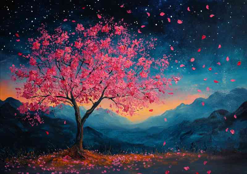 Pink tree full of flowers with a night sky orange setting sun