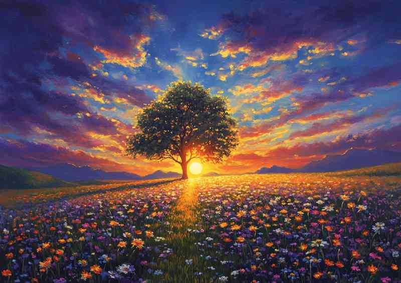 Sunset painting where the fields are flowers