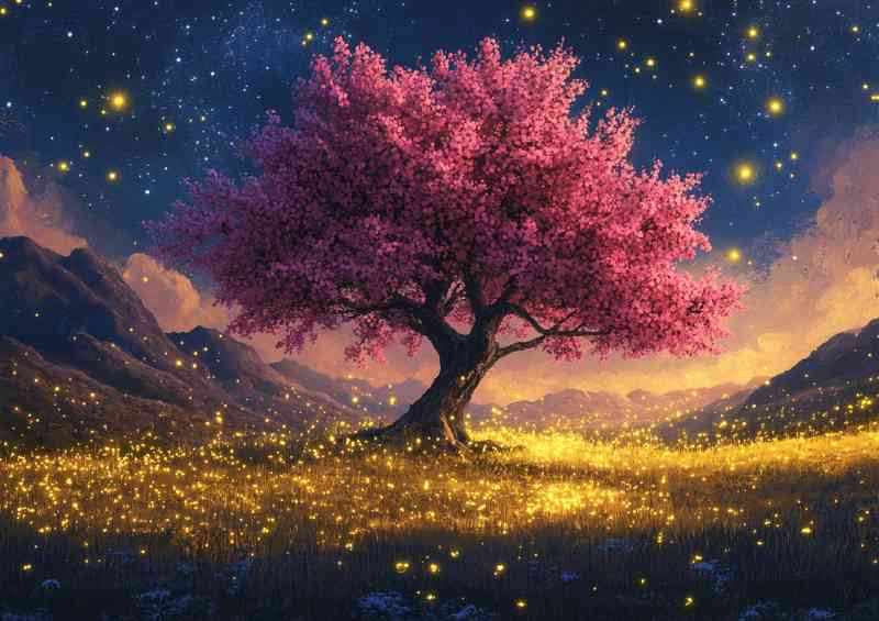 Tree with pink flowers surrounded by glowing stars