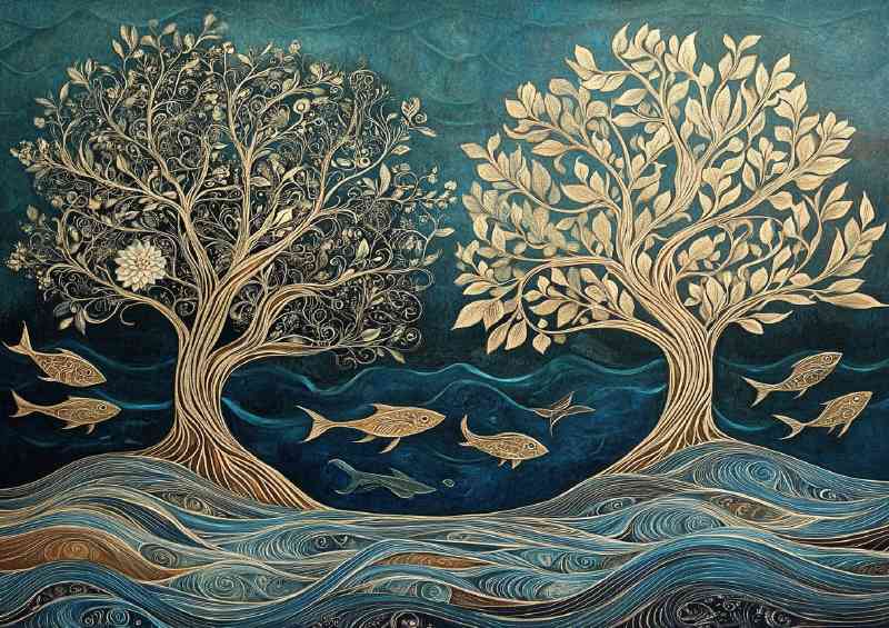 Two trees with delicate lace-like leaves one on the river bank
