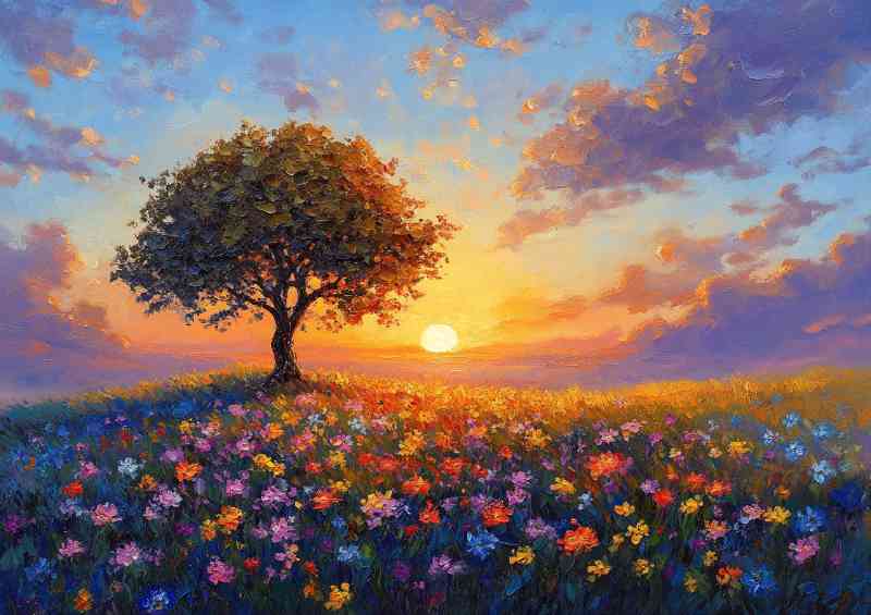 Vibrant sunset painting with the sun setting behind