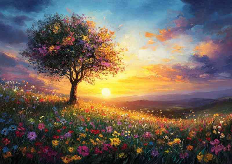 Vibrant sunset painting with the sun setting behind the hils