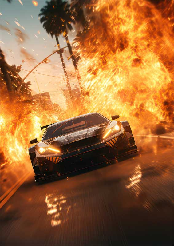 Super Car Driving Through The Streets Of Fire