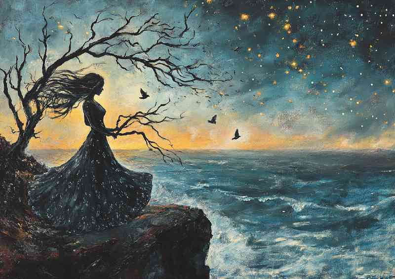 Woman in a long dress stands on a cliff the wind blowing