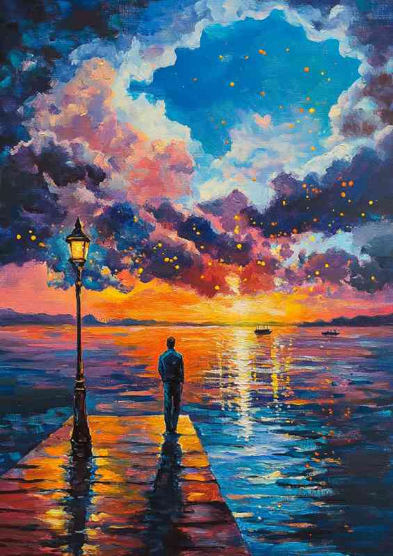 A painting of an oil painting of a man walking on a pier during sunset