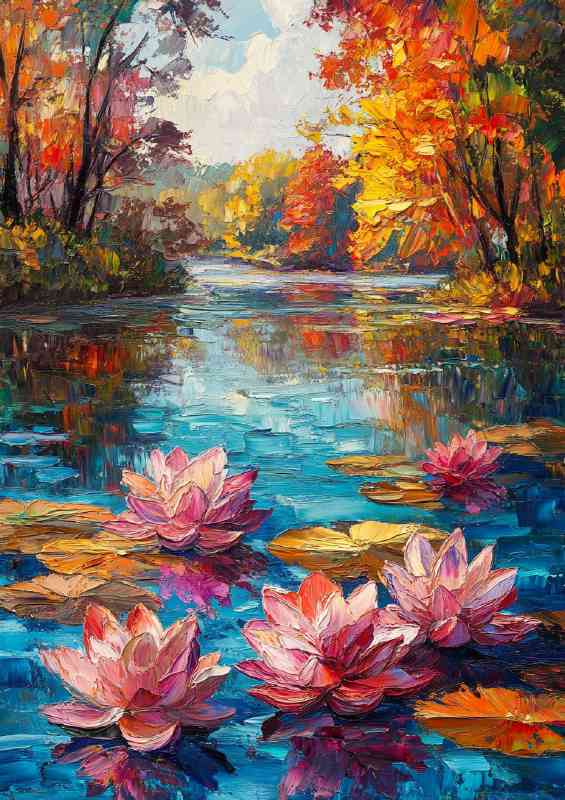 Colorful lotus flowers and leaves floating