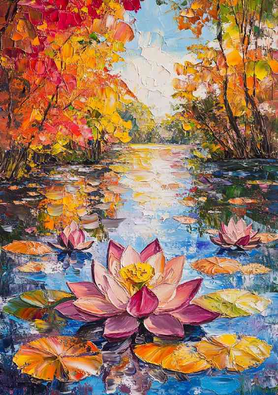 Colorful lotus flowers and leaves floating on the water