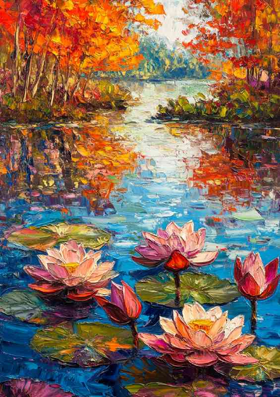 Lotus flowers and leaves floating on the water