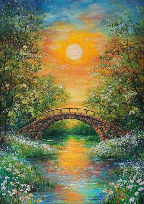 Painting of an old bridge over the river a beautiful