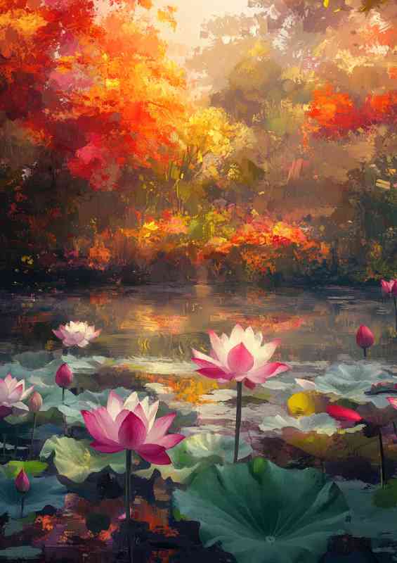 Pond full of colorful lotus flowers with autumn sunlight