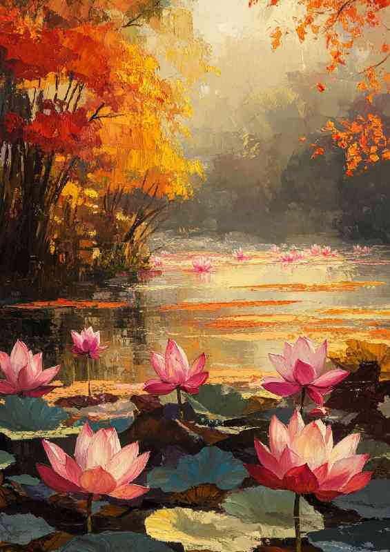 Pond full of colorful lotus flowers with sunlight