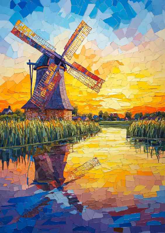 The windmill is located by the river with a colorful