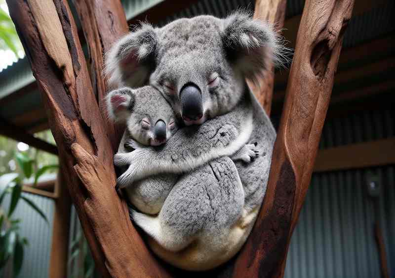 Koala Cuddles a baby koala nestled against its mother